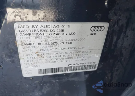 2015 Audi Q5 2.0T Premium из США, поврежденный, VIN WA1LFAFP1FA129948
